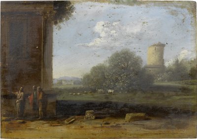 Italiaans landschap met figuren die converseren op de voorgrond door Goffredo Wals